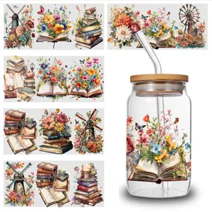 5 Sheets Floral Books uv dtf transfer sticker Inspiring Designs Waterproof Rub on Transfers Suitable for 16 oz Glass funny stickers Decoration Supplies Glass DTF Transfer Stickers