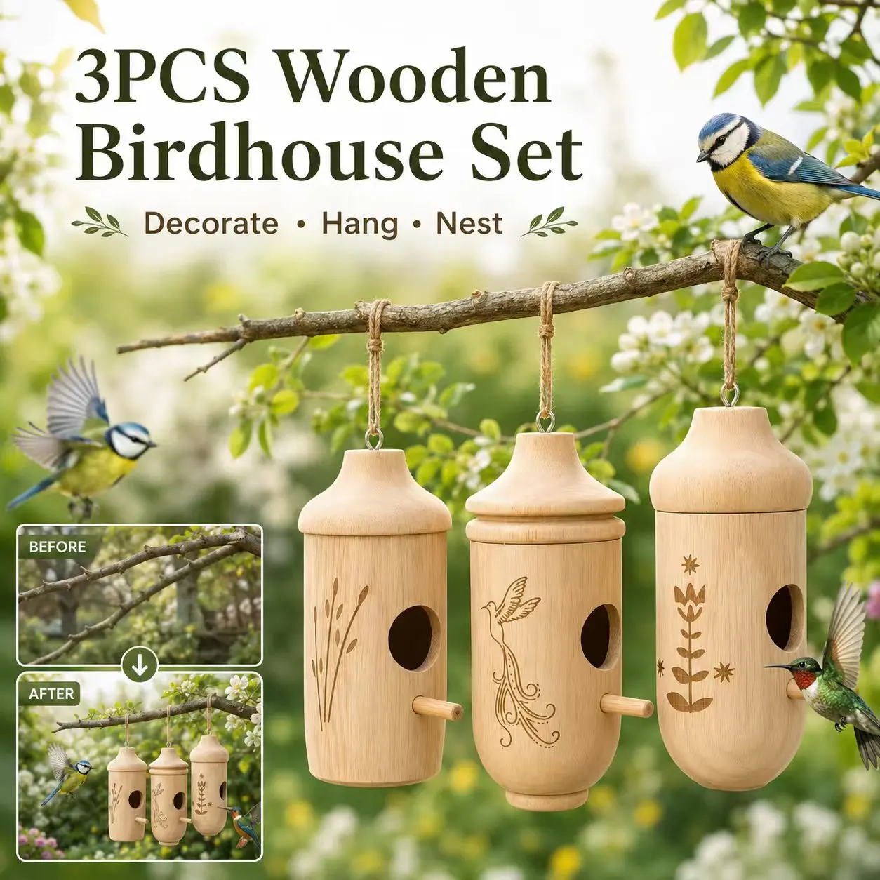 3PCS Rubber Wood Hanging Bird House Set with Perch, Decorative Outdoor Nests for Backyard Garden Patio Bird Supplies