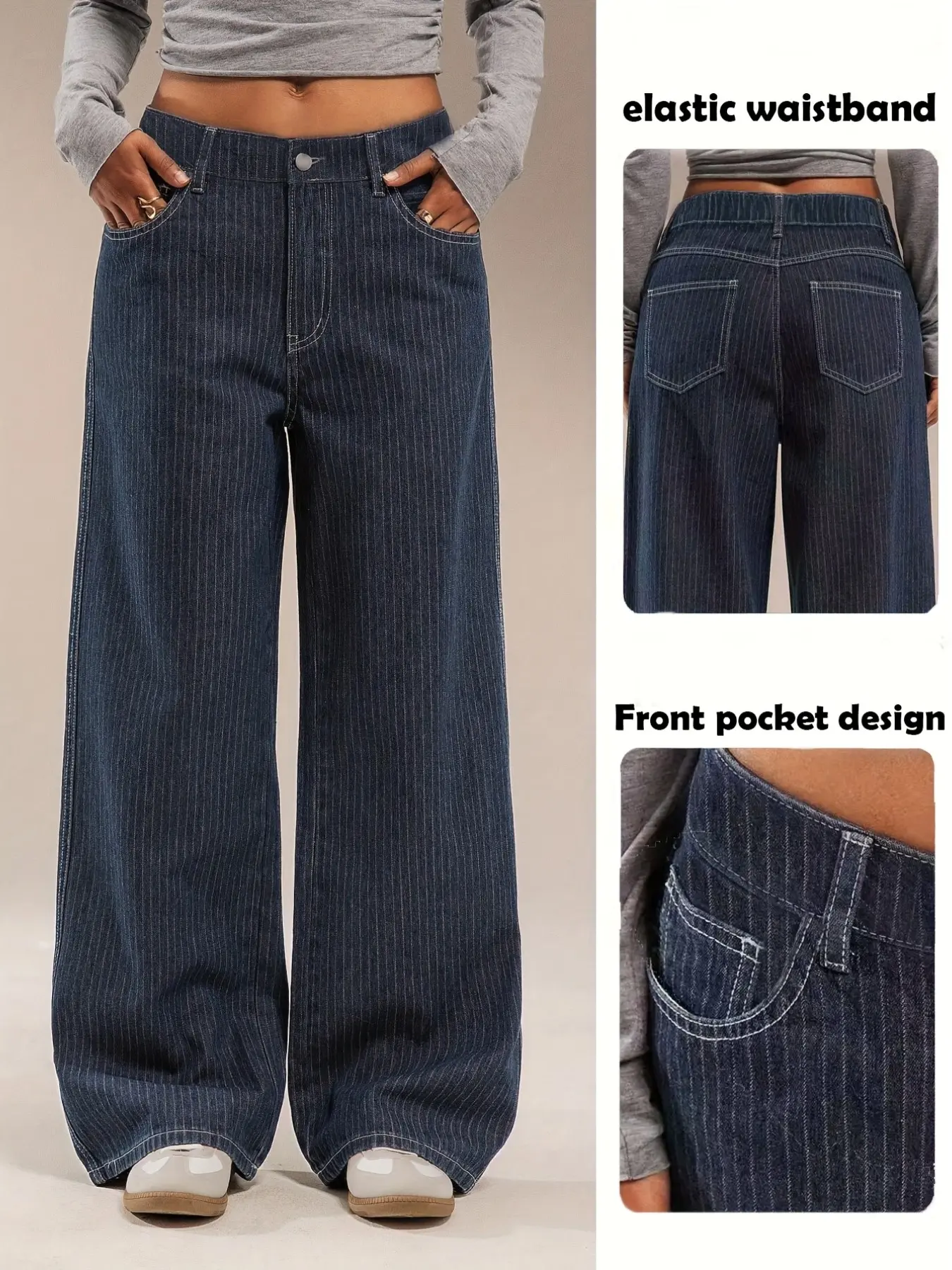 Women's Casual Daily Wear Denim Jeans Loose Striped Wide Leg Long Pants with Pocket, Non-Elastic Waistband, Comfortable and Stylish, Perfect for Everyday Use