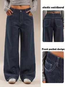 Women's Casual Daily Wear Denim Striped Long Pants, Non-Elastic Waistband, Comfortable and Stylish, Perfect for Everyday Use