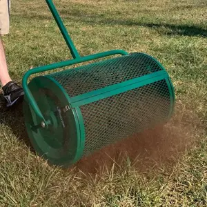 Landzie 24 Inch Compost Spreader and Peat Moss Spreader - Roller Lawn Spreader - Top Soil, Manure, Mulch, Top Dressing Spreader - Lawn and Garden Spreader - Metal Mesh Basket Compost Spreader for Lawn