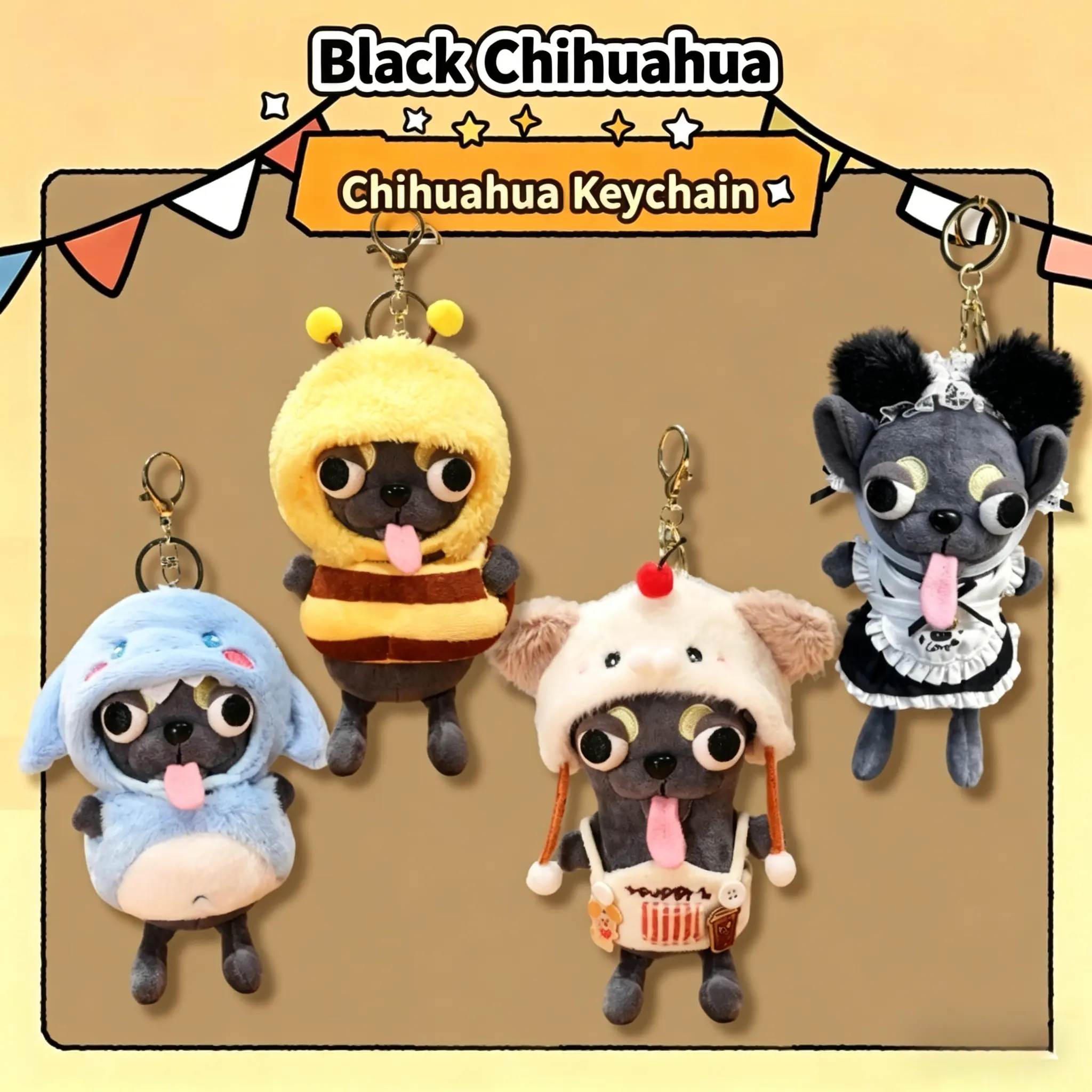Black Chihuahua Plush Keychain - Cute Outfit Keychain Accessories, Animal Motif Charm, Soft Stuffed Toy Bag Decor, Birthday Gift for Dog Lovers, Cute Plush Design, Animal Motif Keychains