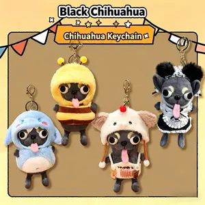 Black Chihuahua Plush Keychain, Plushies Stuffed Toy Bag Charm in Cute Outfits, Soft Cuddly Birthday Gift for Dog Lovers