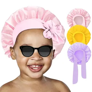 SQ-KCP008 3 Pcs Kids Silk Bonnet for Sleeping - Baby Hair Bonnet for Sleep,Kids Satin Bonnets for Girls with Adjustable Wide Elastic Band,Sleeping Cap for Teens Toddler Child Curly Hair(Pink+Purple+Yellow)