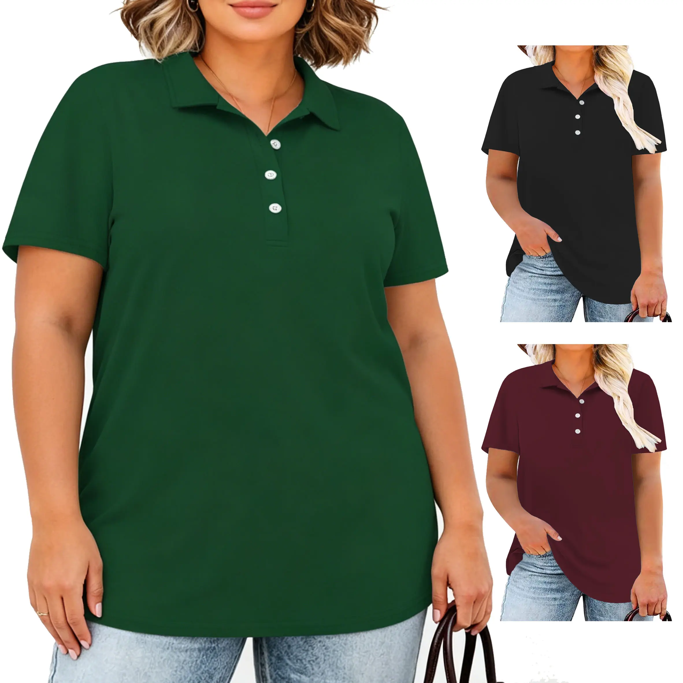 Women’s Plus Size Polo Shirts Casual Work Collared Short Sleeve Tops Basic Lightweight Button Tee Shirts Breathable  Womenswear XL-5XL DPS1107 classic
