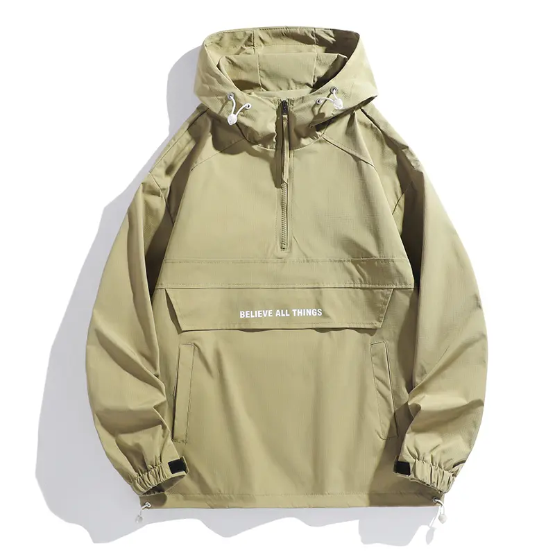Men’s functional half-zip pullover softshell jacket, drawstring hood, windproof and waterproof workwear jacket, large pockets, letter print outdoor hiking jacket backtoschool