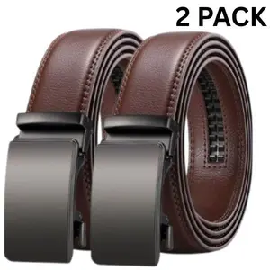 Male 2-Pack Cow Hide Leather Ratchet Belts - Automatic Buckle, Adjustable, Gift Box Included