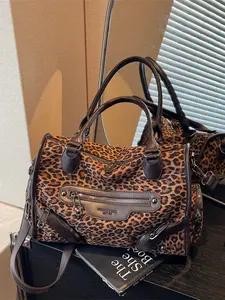 Vintage Leopard Print Tote Bag, Large Capacity Multi-Pocket Flap Pocket Design Crossbody Bag, Women's Versatile Commuter Suede Handbag Shoulder Bag