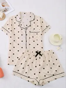 Women's Bottom Heart Sleepwear Set, Casual Lapel Button Front Shirt and Pants, Comfortable Ladies' Pajamas, Cute Spring Clothes, Loungewear