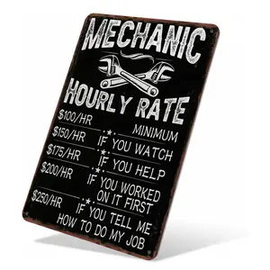 Mechanic Hourly Rate Funny Retro Metal Sign 8x12 Inch Aluminum Distressed Rustic Style Waterproof Rust-Free Garage Workshop Wall Decor Perfect Gag Gift for Mechanics Car Enthusiasts Signage Decoration Items