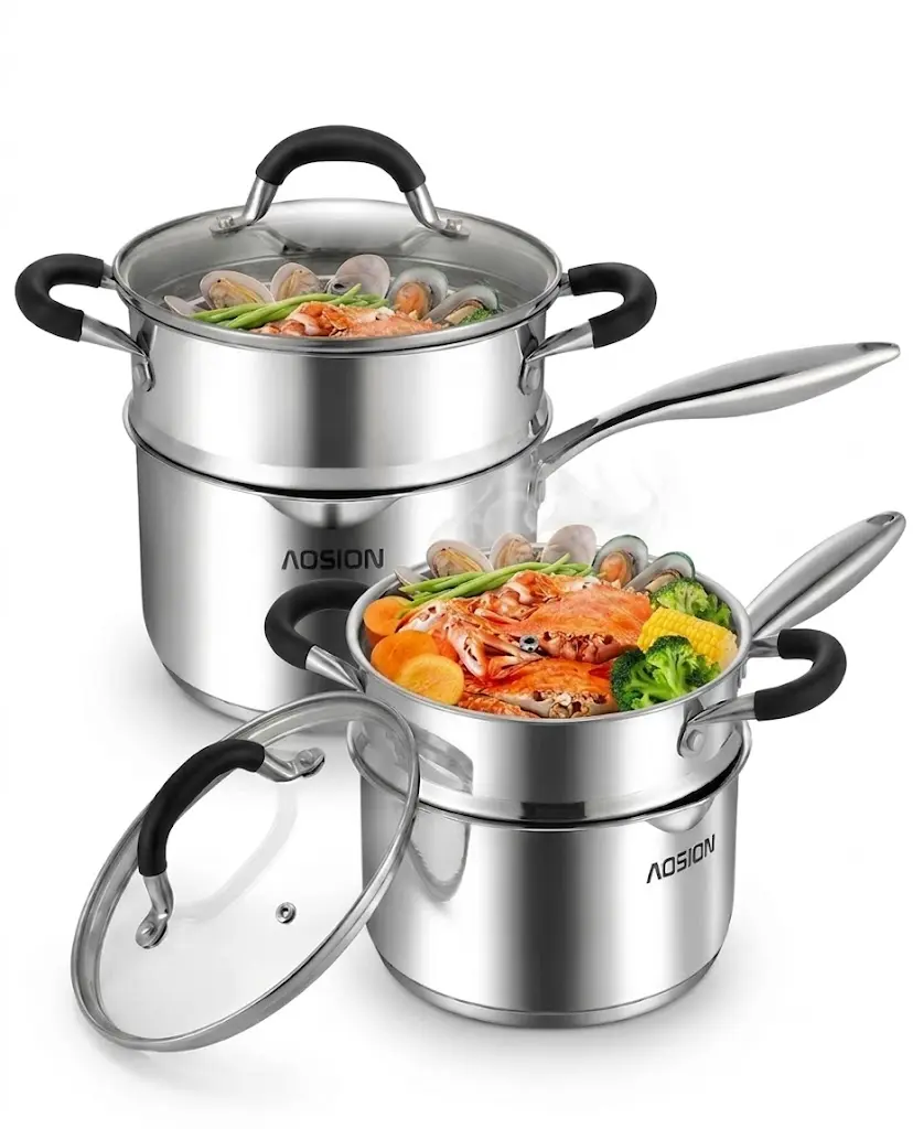 AOSION Stainless Steel Saucepan Set - 2.5Qt & 3.5Qt Pans with Steamer Basket, Nonstick Cookware, Pour Spout, Strainer Glass Lid, Classic Heavy-Duty Handles for Vegetables, Gravies, Pasta