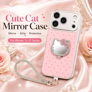 Cute Cat Mirror iPhone Case with Wrist Strap, Shockproof Girly Cover for iPhone 11–17 Pro Max