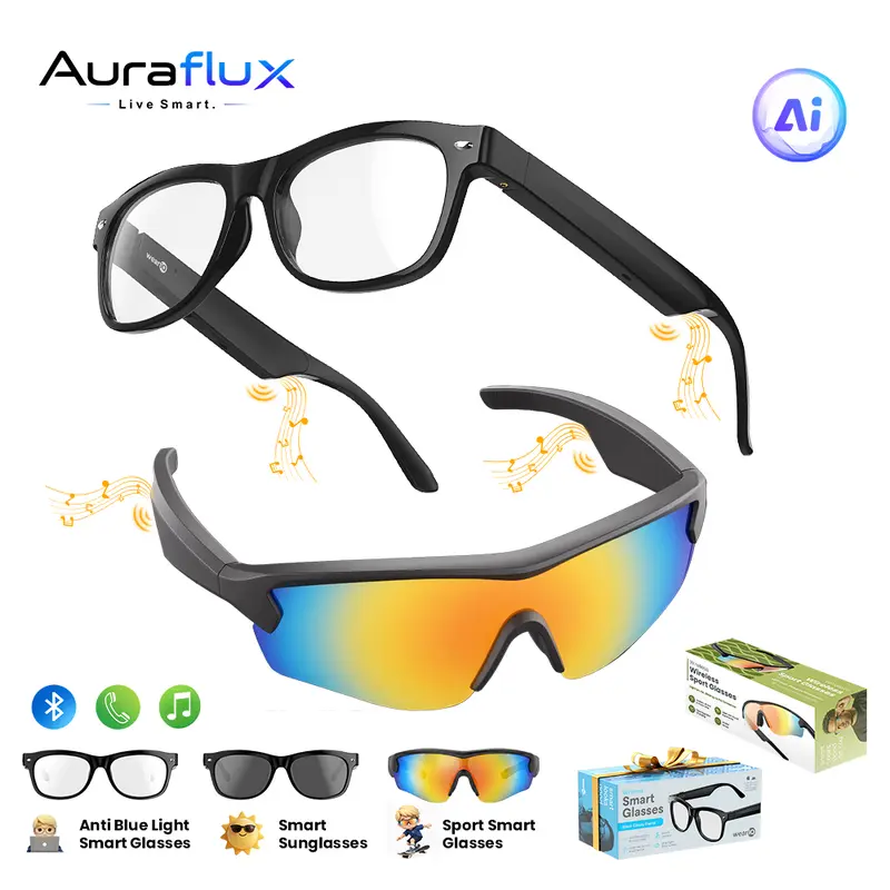 Unisex Auraflux Wearable AI Polarized Wireless Smart Glasses - Blue Light Blocking, AI Translation, Bluetooth, ChatGPT, Built-in Mic & Speakers, HD Calling, 10H Music Playback, Eye Fatigue Reduction, Hffit App, QR Code Support, Driving Use