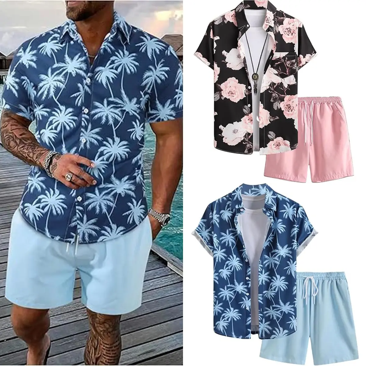 Men Hawaiian Beach Shirt and Shorts Set Tropical Palm Tree Banana Leaf Print 2 Piece Outfit, Lightweight Summer Vacation Matching Set for Cruise Party Resort Wear, Casual Button Up Co-Ord Set 2XS-6XL Stylish Menswear