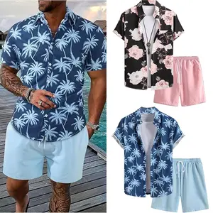 Men Hawaiian Beach Shirt and Shorts Set Tropical Palm Tree Banana Leaf Print 2 Piece Outfit, Lightweight Summer Vacation Matching Set for Cruise Party Resort Wear, Casual Button Up Co-Ord Set XS-5XL