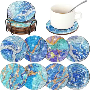 8 pieces/sets of ocean-patterned artificial diamond painted art coasters, DIY crystal diamond painted wooden table art coasters with stand, suitable for adult office coffee MATS, family coasters, handicrafts, supplies, gifts, Diamond Painting Coasters