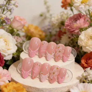 3D Pink Press on Nails Almond -MediumFrench Tip Fake Nais with EmbossedFlower&Gold Bead Designs,Glossy FinishReusable False Nails with Glue Tabs-24PcsNail Kit for Women Manicure