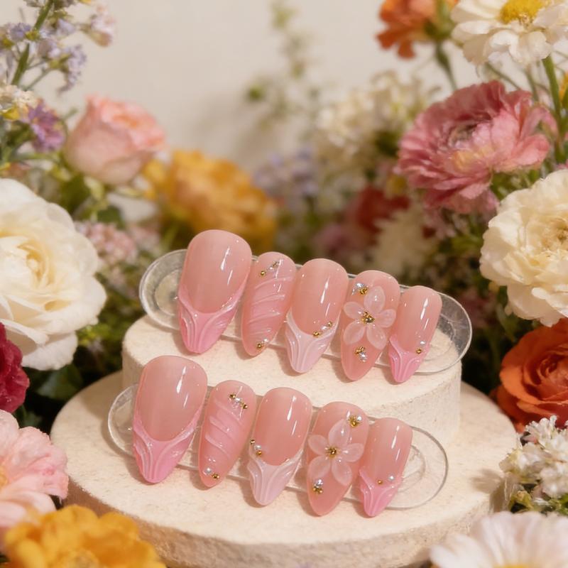 3D Pink Press on Nails Almond -MediumFrench Tip Fake Nais with EmbossedFlower&Gold Bead Designs,Glossy FinishReusable False Nails with Glue Tabs-24PcsNail Kit for Women Manicure