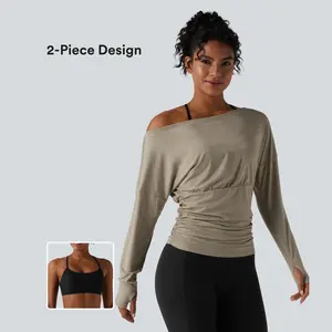 Halara 2-Piece One Shoulder Long Sleeve Thumb Hole Ruched Casual Sports Top