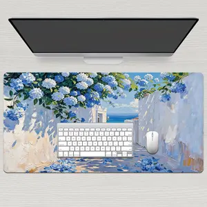 LIVEKEY Large Aesthetic Gaming Mouse Pad (31.5"x15.75") - Non-Slip Base  Stitched Edge  Smooth Surface for Accurate Control  Blue Floral Design Desk Mat  Computer Accessory summervibes