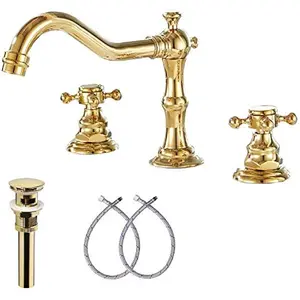 GGStudy 8-16 inch 2 Handles 3 Holes Widespread Bathroom Sink Faucet Gold Basin Mixer Tap Faucet