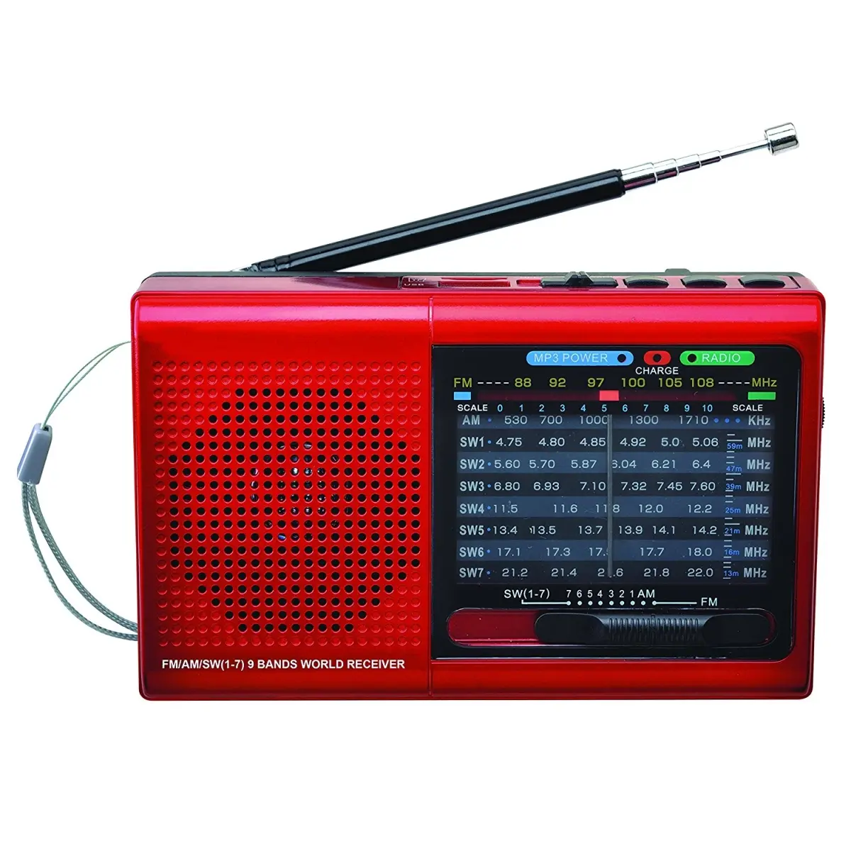 212 MAIN 9-Band AM/FM/SW Multifunctional Radio Player - Bluetooth Audio Device with Micro SD Card Support, USB Input, Red
