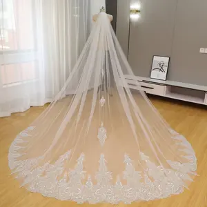 Beaded Lace Regular Tulle Wedding Veil, Shiny Sequin Cathedral Bridal Veil