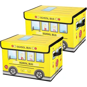 2 Pcs School Bus Treasure Box for Classroom, Foldable Chest Storage Toy Box with Lid Treasure Storage Organizer Bin for Kids Teachers Toy Prizes Awards for Students(Yellow)