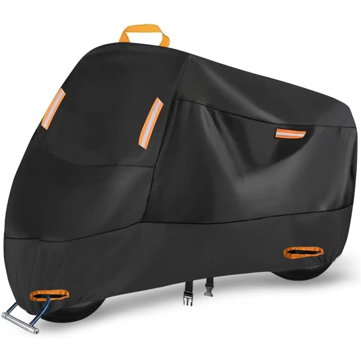 XXL Heavy-Duty 300D Nylon Motorcycle Cover - All-Seasons Waterproof Outdoor Storage Accessory, 4 Reflective Strips, Buckles, Keyhole, Fits 116in Yamaha Honda Harley Suzuki Kawasaki (86inx37inx50in)
