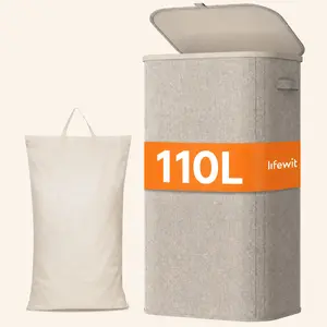 Lifewit Large Laundry Hamper with Lid, 110L/150L/190L Foldable Laundry Basket with Removable Bag and Plastic Handles for Bedroom, Bathroom, Dorm & Laundry Room