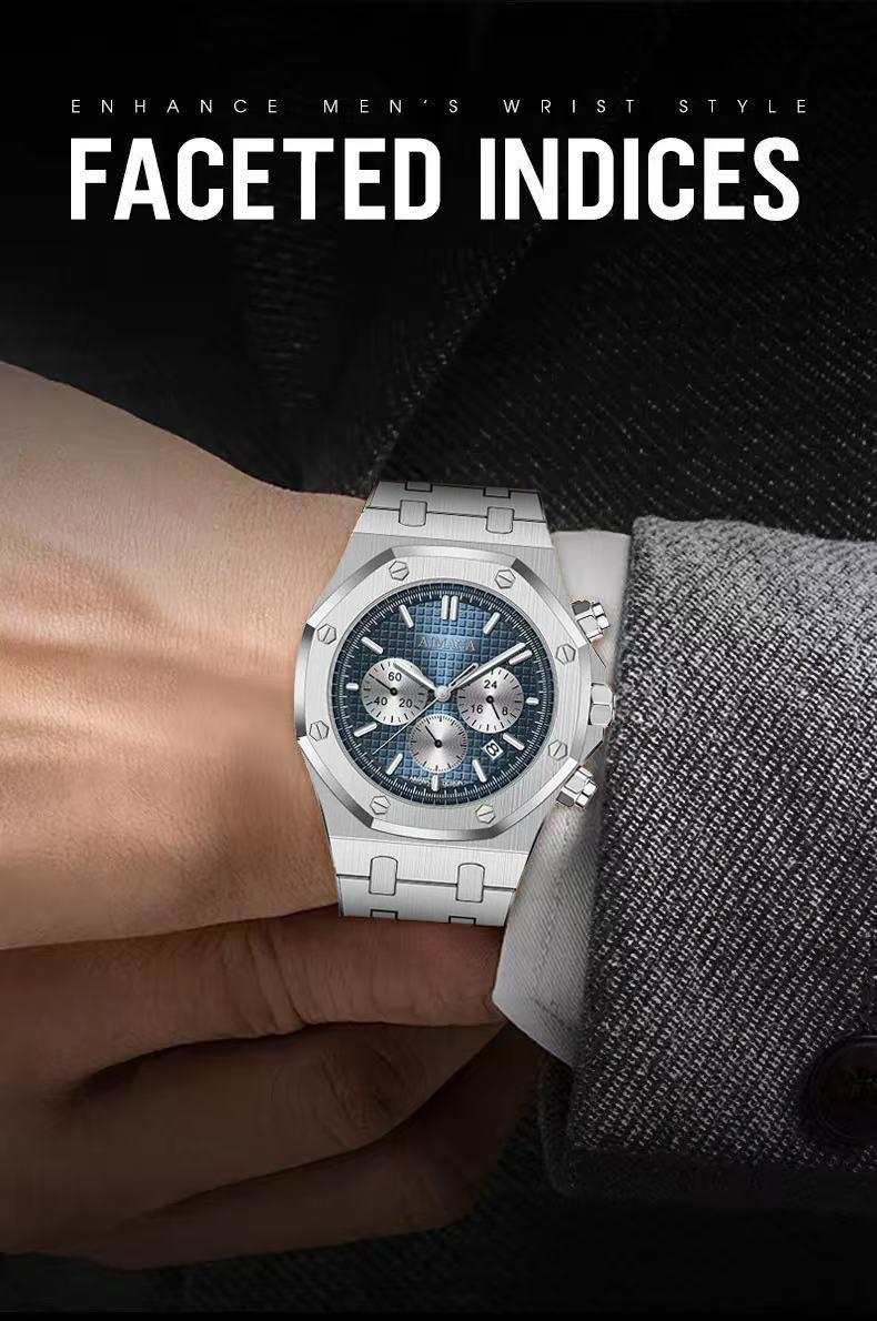Men’s Stainless Steel Chronograph Watch – Square stainless steel case, luminous dial, water- and scratch-resistant, with three sub-dials and control buttons. A perfect gift for men(Randomly give away an elegant,and stylish women's watch)