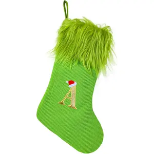 Green Christmas Stockings with Initials, 18" Knit Monogram Christmas Stockings with Golden Letter, Large Personalized Christmas Stocking for Christmas Tree Fireplace  Decor