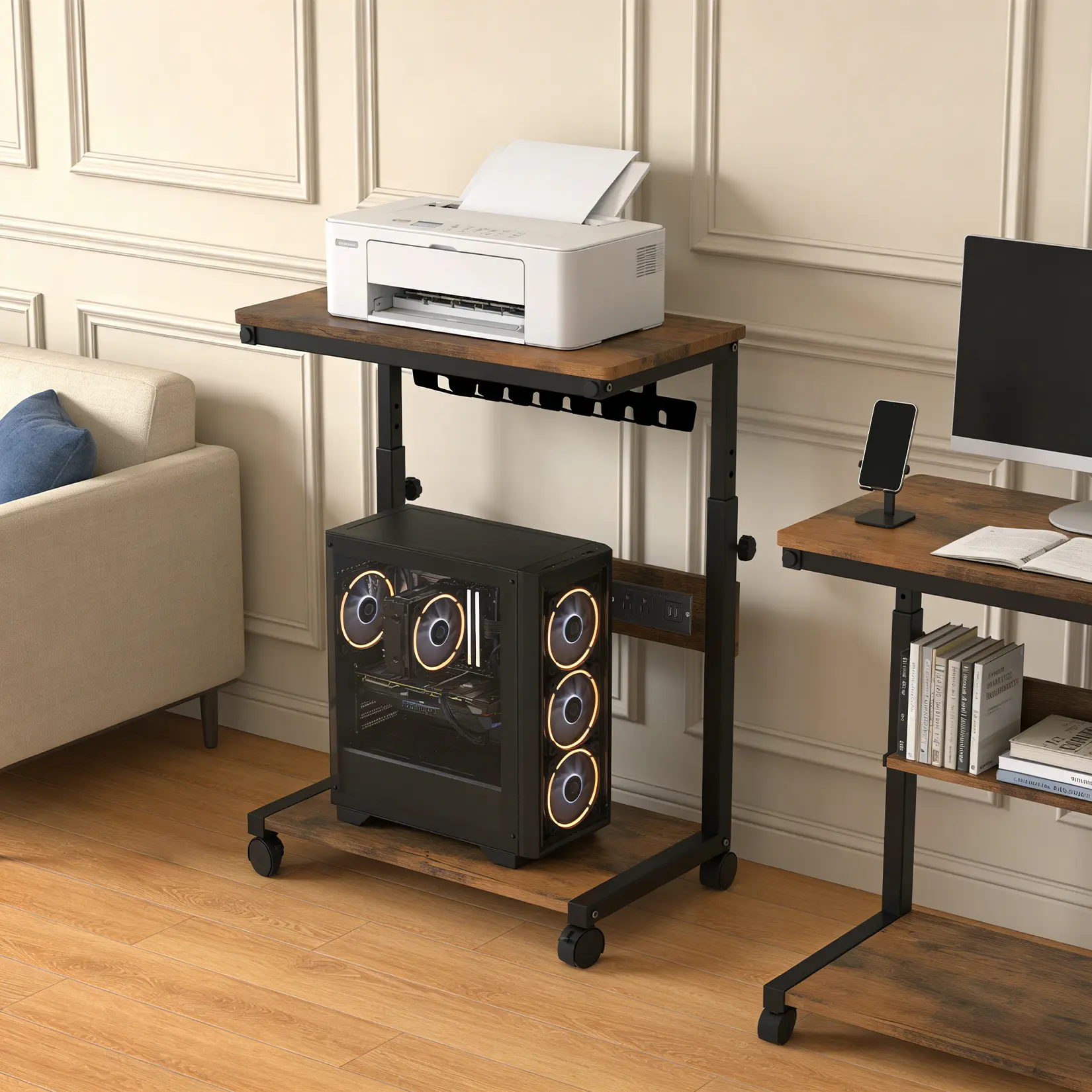 Height Adjustable Computer Tower Stand with USB Charging Port, Rolling Computer Tower Cart with Wheels, 2-Tier Wood & Steel PC Holder for Home Office ﻿