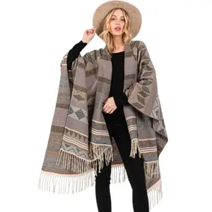 Aztec Pattern Fringe Ruana Cardigan Warp Scarf