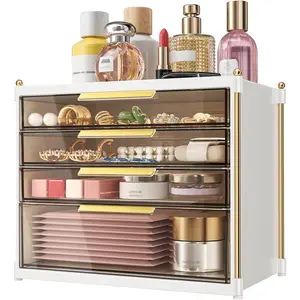 Acrylic 4-Drawer Makeup Organizer - Plastic Countertop Storage Bin for Bathroom Vanity, Desk; Holds Cosmetics, Skincare, Jewelry (Gold)