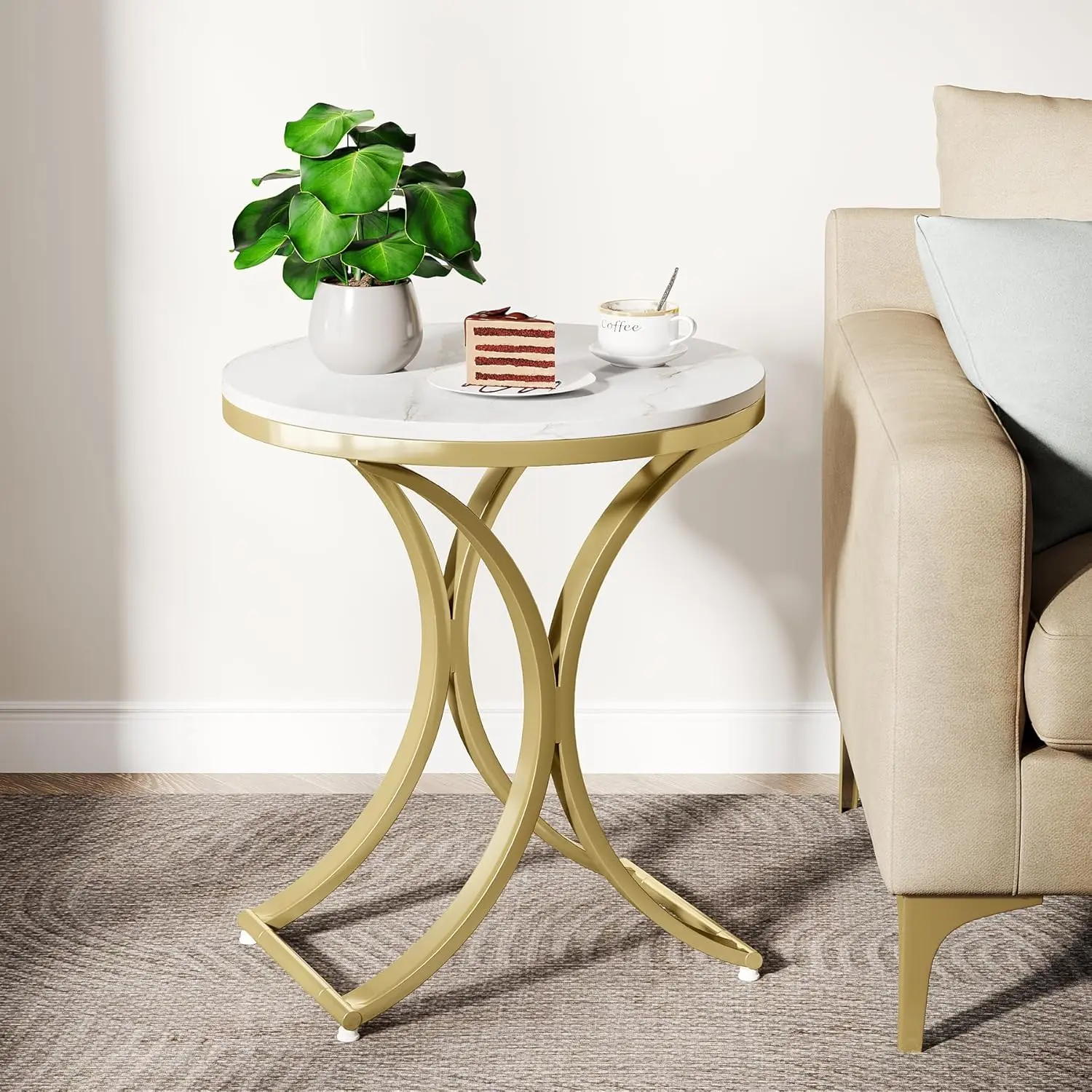 LITTLE TREE White Gold Side Table Round End Table Modern Small Coffee Table Accent C Table Bedside Table Round Nightstand with Gold Metal Frame and Faux Marble Veneer Engineered Wood for Living Room