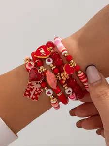 5-Piece Valentine's Day Bracelets Set, Romantic Bracelet Set, Fashionable Soft Clay Elastic Beads Heart Pendant Gift, Couple Wear & Gift, Mother's Day Present