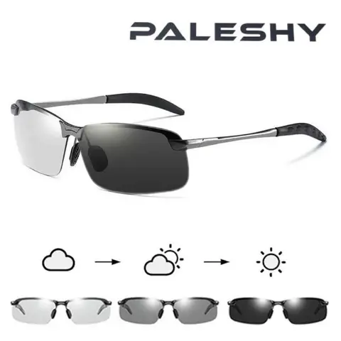 Paleshy Photochromic HD Polarized Classic Rectangular Sunglasses - UV400 Shield, Retro Look, Unisex Metal Semi-Rimless, Anti-Fog, Adjustable TAC Lenses, Low Glare, for Driving, Outdoor Activity, Cycling, Summer Gift