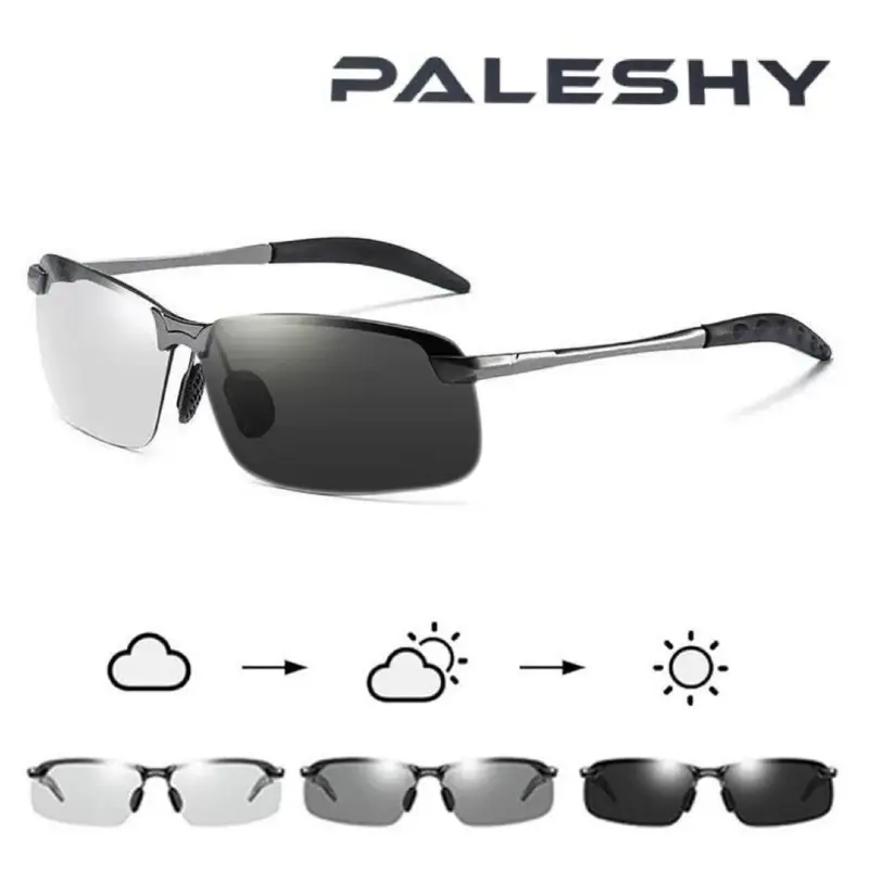 Paleshy Photochromic HD Polarized Classic Rectangular Sunglasses - UV400 Shield, Retro Look, Unisex Metal Semi-Rimless, Anti-Fog, Adjustable TAC Lenses, Low Glare, for Driving, Outdoor Activity, Cycling, Summer Gift