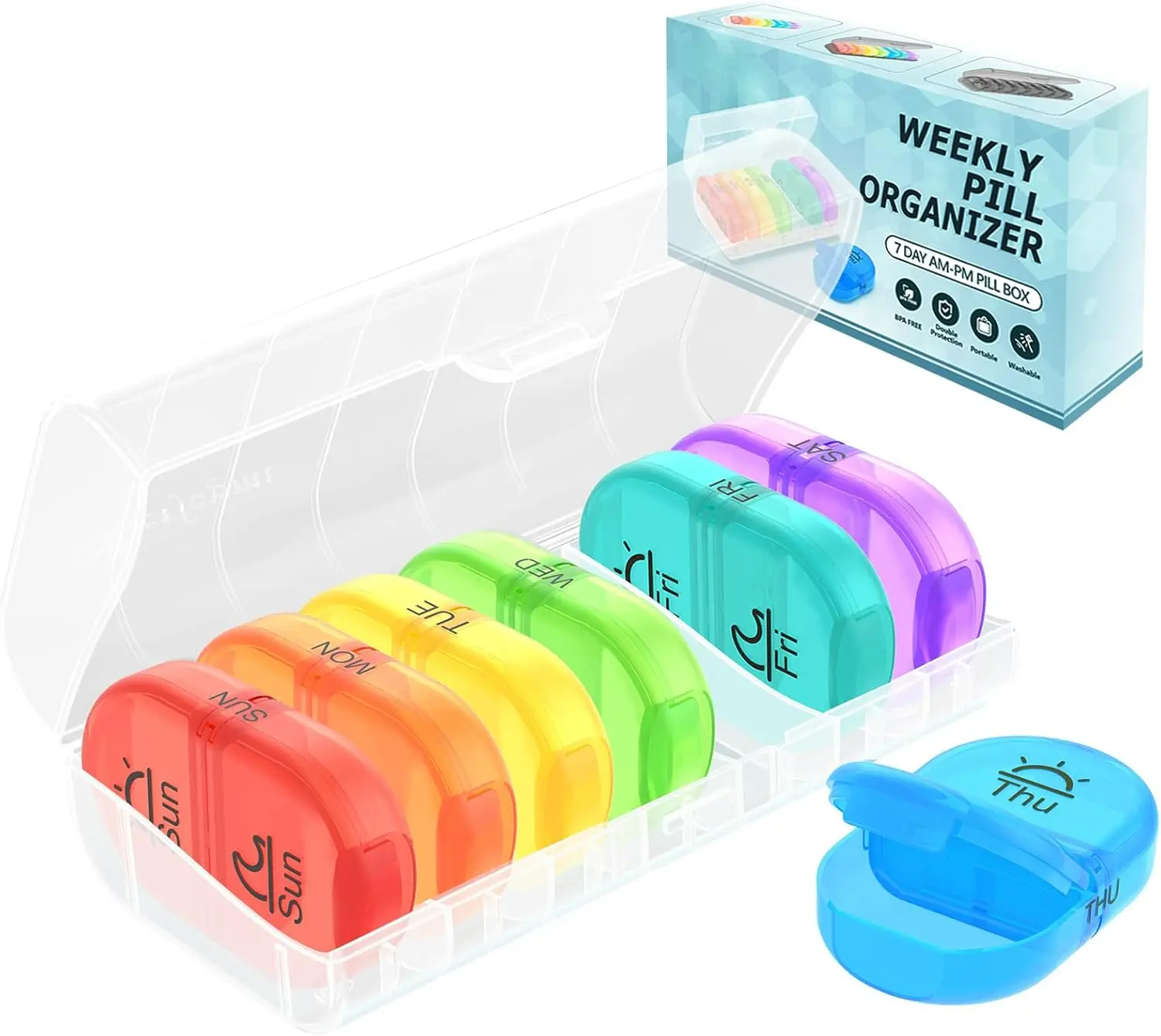 7-Day AM-PM Weekly Pill Organizer - A-Clear+Rainbow On-the-Go Pocket Pill Dispenser for Vitamins, Fish Oil with Protective Case, On-The-Go Pill Dispensers