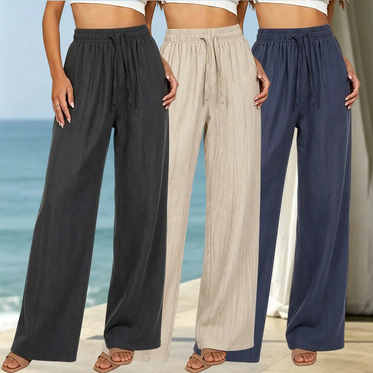 3-pack women’s linen blend wide-leg pants, casual and comfortable loose fit with pockets; suitable for summer beach travel, vacations, and everyday wear; casual wide-leg long pants with adjustable drawstring; women’s clothing, women’s bottoms, women’s lon