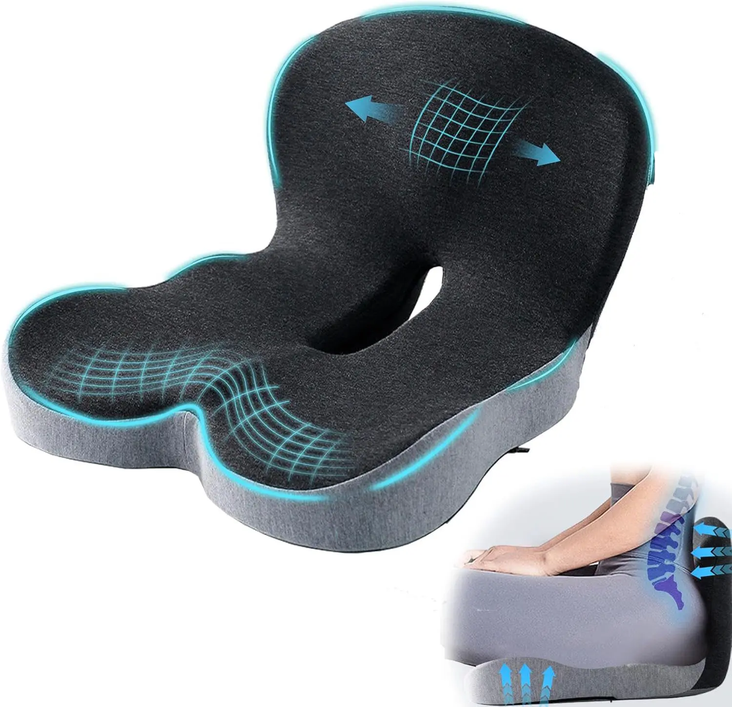 MIUKIULA Enhanced Seat Cushion - Non-Slip Memory Foam, Skin-Friendly Breathable Cloth, Extended Zipper for Easy Removal & Washing, Adjustable Back Support, Sacrum Pillow for Low Back Pain Relief