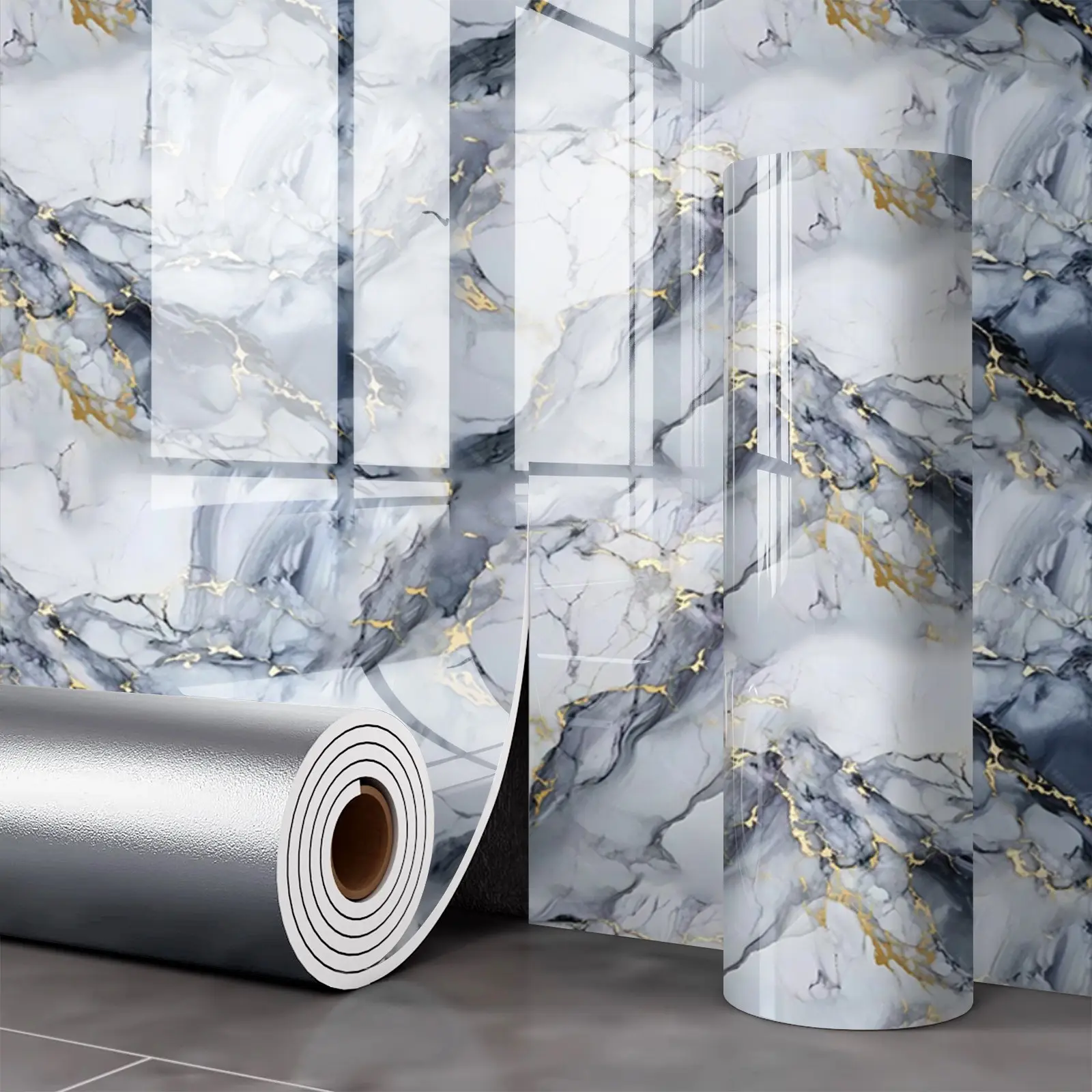 Marble-look tile wall stickers, self-adhesive panels for kitchen, bathroom, Waterproof, moisture-resistant aluminum-plastic board with laminated finish and XPE backing, Easy to install, Bathroom Wallpaper Peel And Stick