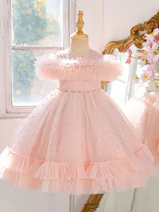 Kids Clothes Flower Girl Sequins Mesh Ball Gown Pageant Children Elegant Performance Princess Prom Host Formal Evening Party Cocktail Sparkly Layered Tulle Dress for all Season 4 to 8 Years