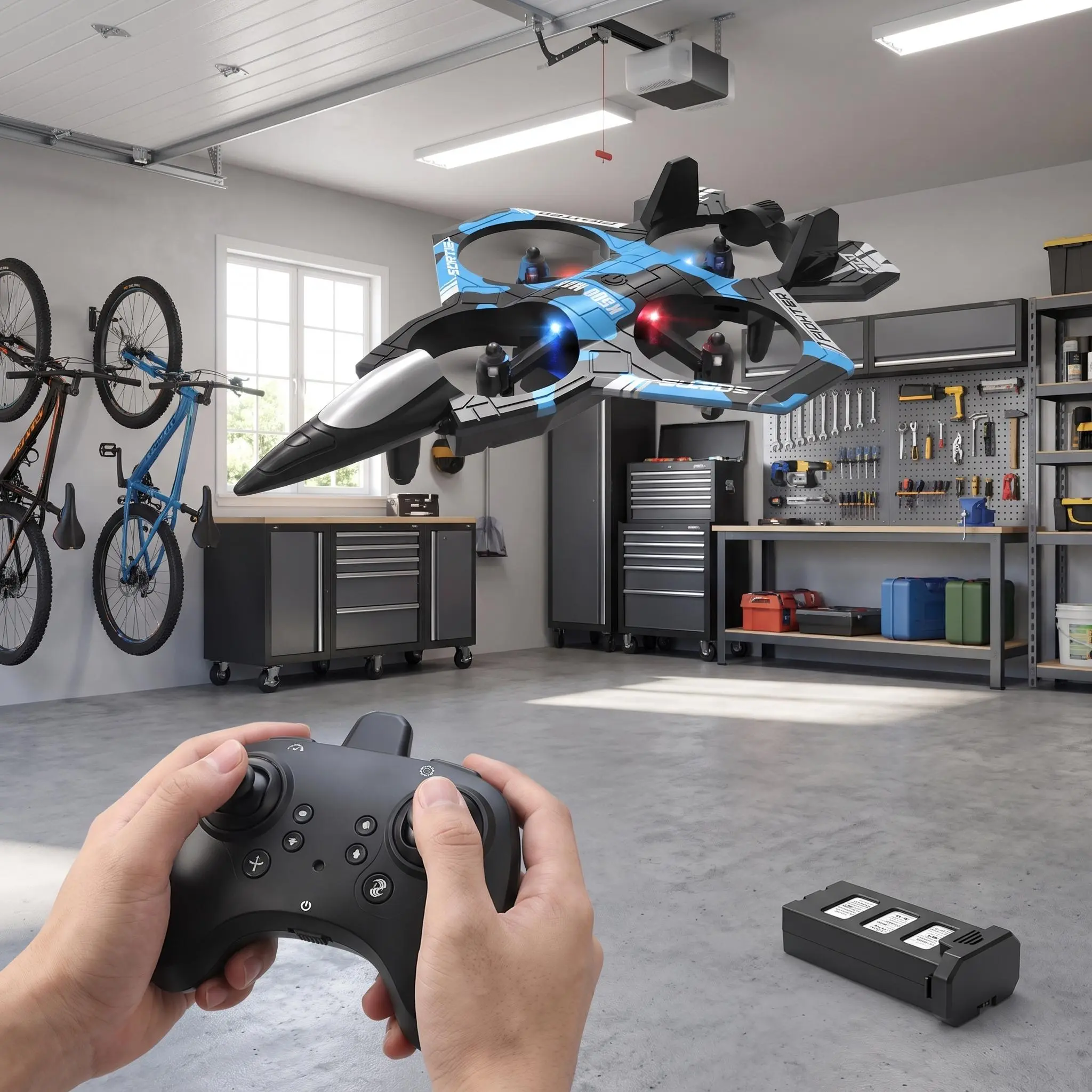 Super cool fighter‑jet‑styled RC drone! Made of flexible EPP foam, anti‑crash & durable. Brilliant LED lights for sunset & evening flights. Supports 360° stunt flip, easy to control for kids and beginners. Ideal birthday & holiday gift for boys.