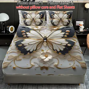 Luxury 3-Piece fitted Sheet Set with Butterfly and Jewelry Elements (1 Fitted Sheet + 2 Pillowcases without Inserts), Home Dormitory HD Digital Printing Organic Cotton Grounding Sheets Bamboo Cooling