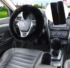 5 count in 1 Set Faux  Steering Wheel Cover Soft Fluffy Handbrake Cover & Gear Shift Cover & 2 count Seat Belt  Pads Warm Universal Fit for 15 Inch (Black)