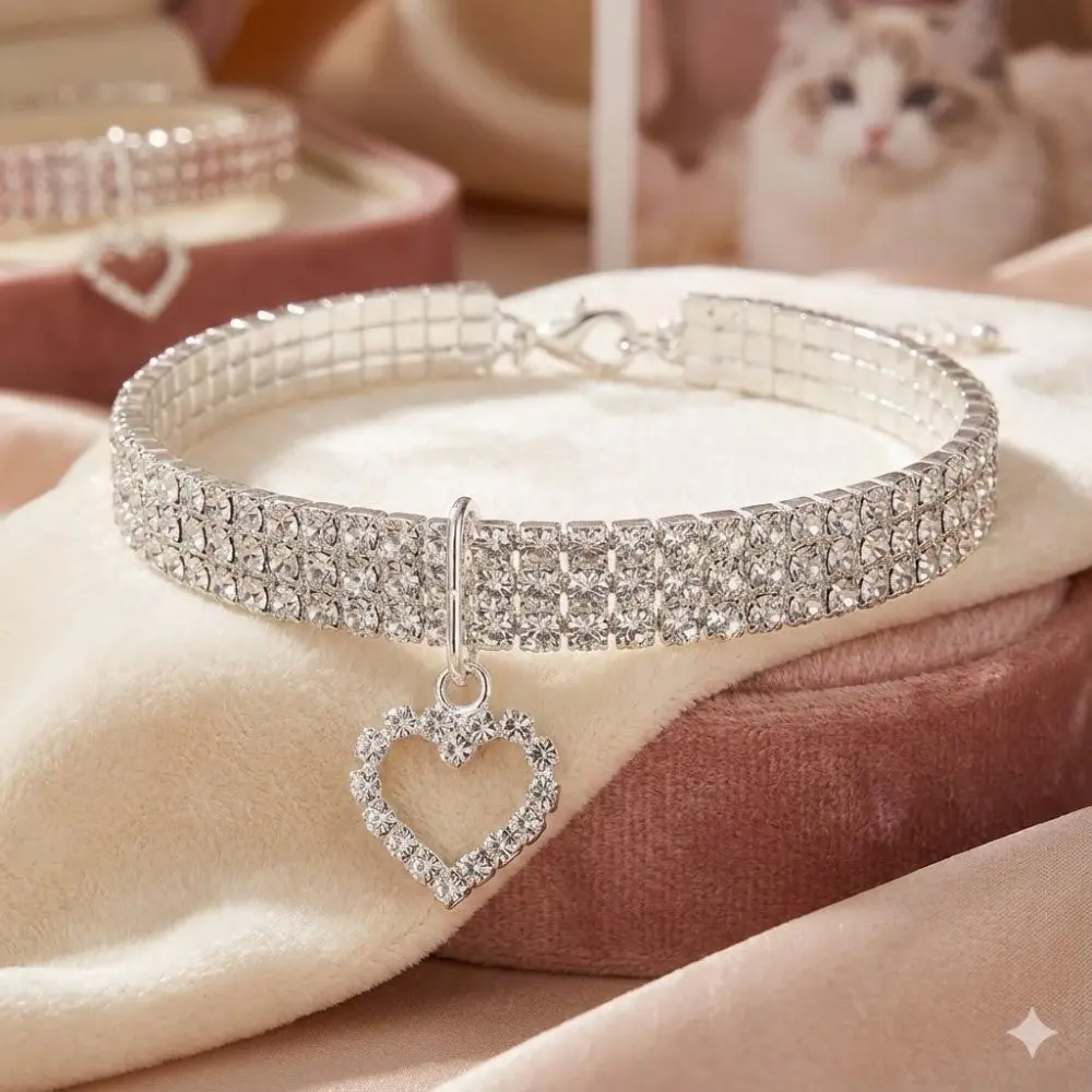 Crystal Pet Collar with Glow-in-the-Dark Pendant & Adjustable Elastic. Fits 7-15 inch Neck. Princess Style Safety Accessory with Micro Prism Decor, Royal Court Fashion for Dogs & Cats.