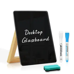Desktop Black Glass Dry Erase Board, Small Glass Whiteboard with Adjustable Wood Stand - Reusable Desk Notepad 9.5" x 6.7" for Home Office