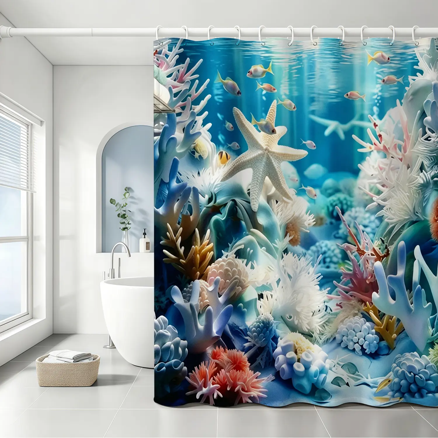 Underwater World Coral Fish Shower Curtain, Realistic Tropical Ocean Scene Fabric Bathroom Curtain, Waterproof Vibrant Sea Landscape Bath Decor, Under The Sea Theme Shower Curtain with Hooks for Kids & Adults Bathroom